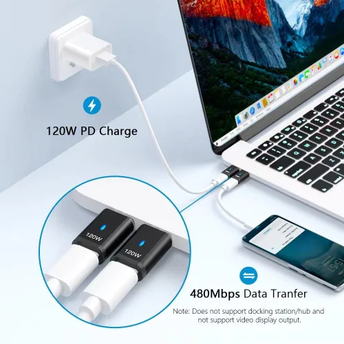 Vista 3 de Adaptador magnético USB C Ángel derecho + USB magnético tipo C recto 5 pines, compatible con PD 120 W carga rápida, transferencia de datos de 480