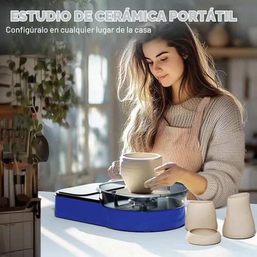 Vista 2 de Catcrafter Rueda de cerámica para niños - Mini kit de cerámica para adultos Azul