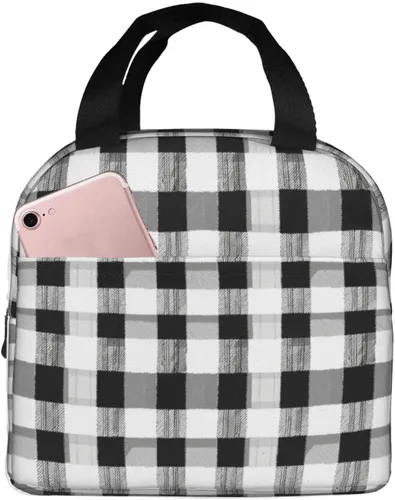 Vista 44 de Lonchera con diseño a cuadros azules aislada, bolsa térmica para almuerzo para adultos, niños, niñas, mujeres, oficina, trabajo, escuela, picnic