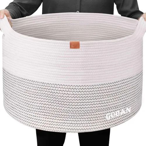 Vista 10 de GOCAN Cesta de almacenamiento extragrande para lavandería, 22 x 22 x 14 pulgadas, cesta tejida de cuerda de algodón para manta con asas para sala