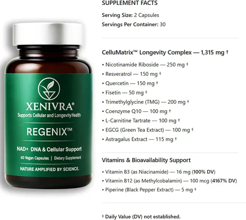 Vista 3 de Xenivra Regenix™ NAD+ Suplemento NAD Booster con ribósido de nicotinamida (NR) Energía celular y envejecimiento saludable Resveratrol y CoQ10