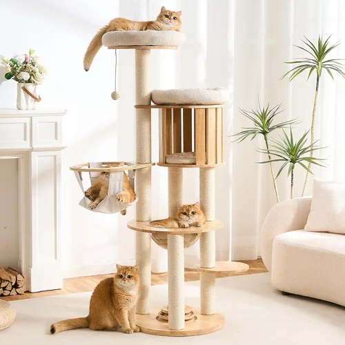 Vista 12 de HITTITE Moderna torre de árbol para gatos con poste rascador, torres para gatos de 46 pulgadas de alto con nidos y cueva tejidos, árbol para gatos