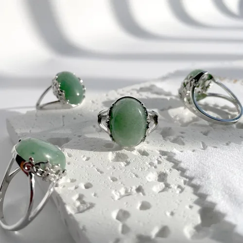 Vista 5 de DALEGEM Anillo de cristal de cuarzo rosa verde natural para mujeres y niñas, plata de ley S925 con borde de flor y vid gruesa de aventurina genuina