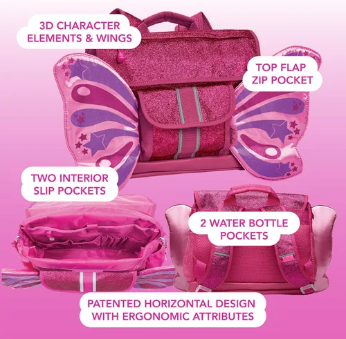 Vista 5 de Bixbee Mochila para niños pequeños con alas Edades de 3 a 5 Guardería, preescolar y primaria para niños, rubí frambuesa (Ruby Raspberry), S