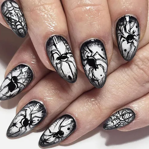 Vista 37 de Paquete de 6 144 uñas acrílicas de Halloween a presión, uñas postizas reutilizables de cobertura completa, uñas postizas adhesivas con pegamento H103