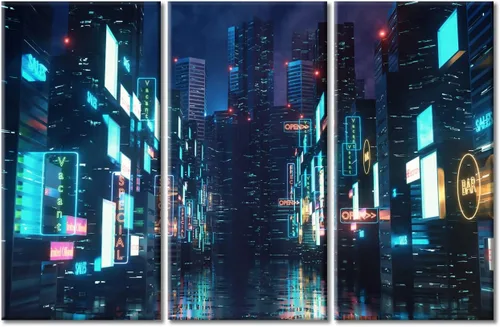 Vista 105 de Arte de pared de 3 piezas de escena de ciencia ficción de la calle comercial futurista paisaje urbano, decoración de pared para dormitorio