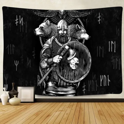 Vista 8 de F-FUN SOUL Tapiz nórdico de cuervo vikingo, 40 x 30 pulgadas, misteriosas runas de meditación vikinga, arte nórdico, tapices colgantes de pared