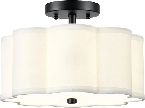 Vista 19 de Lámpara de Techo Semiempotrada Dorada, 3 Luces Accesorios de Iluminación de Techo de 12.5" con Pantalla de Tela en Forma de Flor, Luces de Tambor