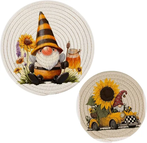 Vista 24 de Gnomo de otoño - Alfombrilla de salvamanteles 2 piezas de hojas de otoño redondas tejidas agarraderas para mesa de cocina, protector de encimera
