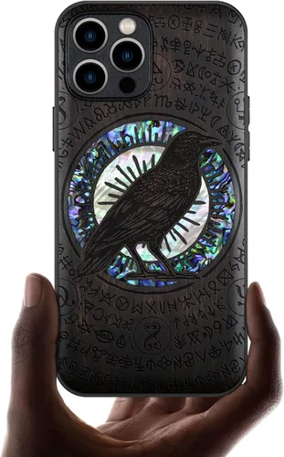 Vista 10 de Carveit Funda protectora de madera de diseñador para iPhone 12 Pro, cubierta magnética, grabado en madera e incrustaciones de concha, funda