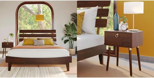 Vista 8 de Bme Caden Base de cama de lujo de 15 pulgadas con cabecera ajustable, estilo de mediados de siglo con madera de acacia, no necesita somier, soporte