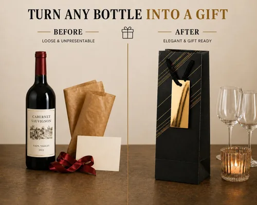 Vista 5 de Paquete de 4 bolsas de regalo de vino reutilizables, 4 x 4 x 14 pulgadas, bolsas de papel para botellas de vino