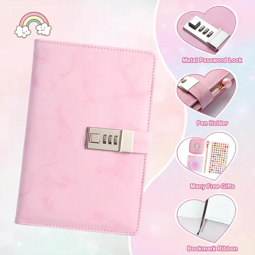 Vista 2 de Juego de regalo de diario, diario de cuero sintético de mármol de 300 páginas para escribir, cuaderno de dibujo con cerradura, incluye cerradura