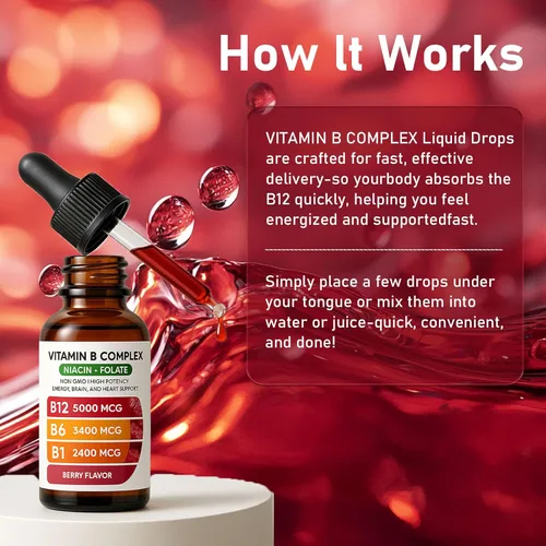 Vista 6 de Complejo de vitamina B12 con suplemento líquido de frambuesa B1, B6, vitamina B12, vitamina esencial 5 en 1 complejo de vitamina B, función