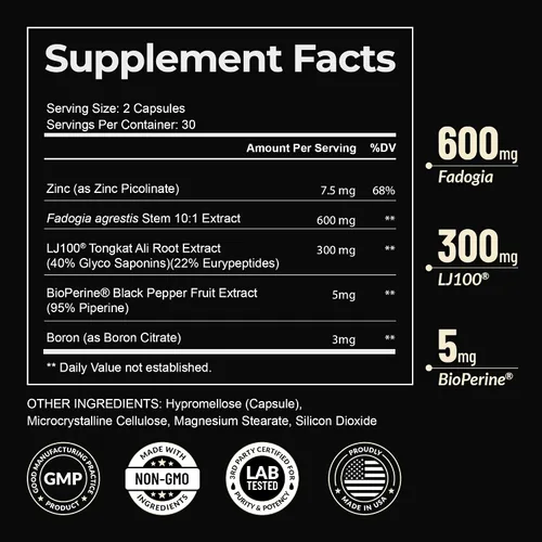 Vista 2 de Earth Elixir Premium Tongkat Al (LJ100) y Fadogia Agrestis para hombres y – Suplemento natural de testosterona – Fabricado en Estados Unidos