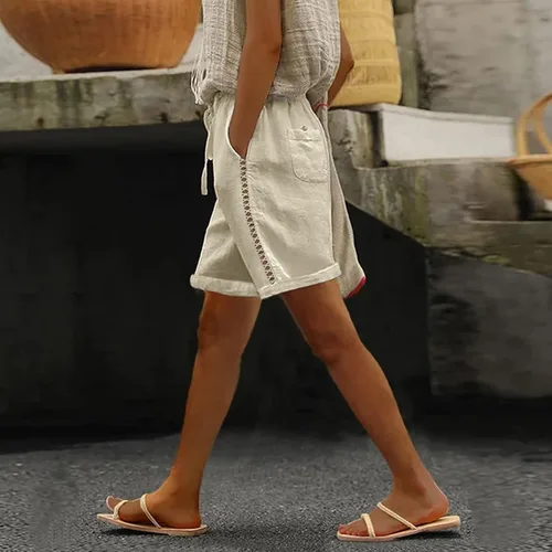 Vista 2 de Bermudas de algodón y lino para mujer, cintura alta elástica, color sólido, pantalones cortos cómodos de verano con bolsillos