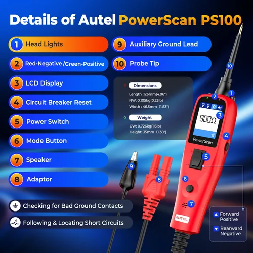 Vista 8 de Autel PowerScan PS100 - Probador de circuito automotriz 2.0, herramienta de sonda de circuito de alimentación de 12-24 V, buscador de circuito
