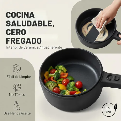 Vista 4 de Ceramax PRO Olla Eléctrica Caliente con Tapa y Vaporera, Sartén de Cocina de Cerámica No Tóxica de 1.5L para Ramen, Huevos, Pasta, Portátil