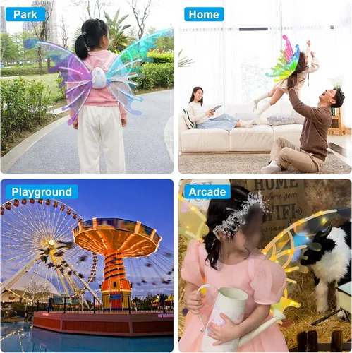 Vista 5 de Alas de mariposa LED para niñas, mujeres, perros, alas brillantes para mascotas con luces LED y música, alas iluminadas para adultos, alas