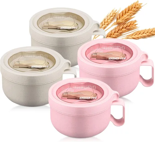 Vista 10 de Maxdot 4 piezas de tazón para microondas de ramen, tazones de sopa instantánea aptos para microondas con tapas, tazones grandes de sopa con asas