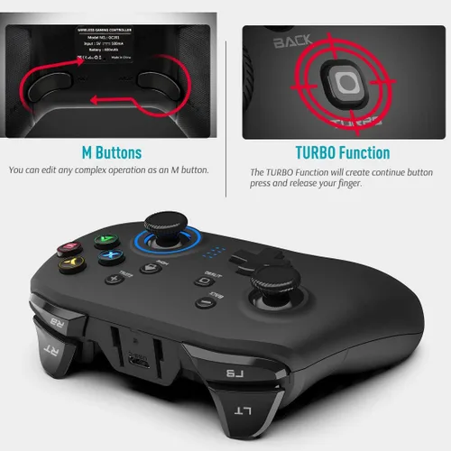 Vista 5 de Forty4 Wireless Gaming Controller Dual-Vibration Joystick Gamepad Computer Game Controller for PC Windows 781011 PS3 Switch- Black