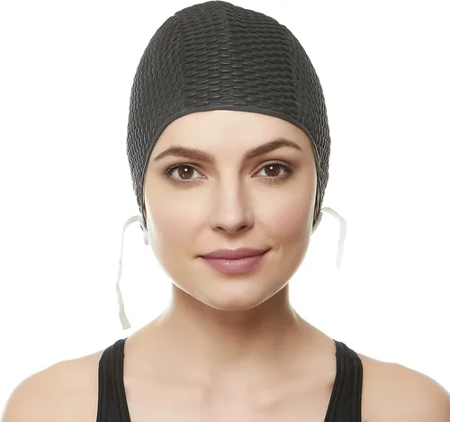 Vista 2 de BEEMO Gorro de natación para mujer, correa de barbilla, crepé, látex, largo, corto, gorras de natación