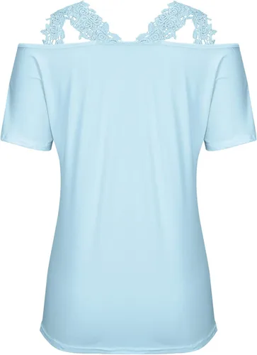 Vista 4 de Camisetas sexys para mujer, estilo casual, de verano, con hombros descubiertos, manga corta, de encaje, retazos, talla grande, túnica