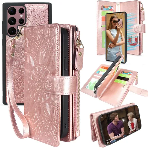 Vista 12 de Harryshell Funda de cuero desmontable con cremallera magnética con bolsillo para monedas, 12 ranuras para tarjetas, correa de muñeca para Samsung