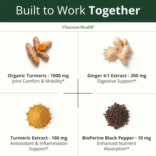 Vista 4 de Suplemento de Cúrcuma Curcumina con Raíz de Jengibre para Apoyo Articular, Digestivo y Salud Intestinal - Contiene Cúrcuma Curcumina Orgánica