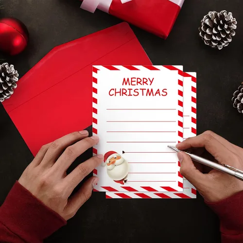 Vista 6 de Outus Kit de 100 sobres de Navidad para escribir cartas a Papá Noel, sobres de Navidad con papel de carta, sobres autoadhesivos, lista de deseos