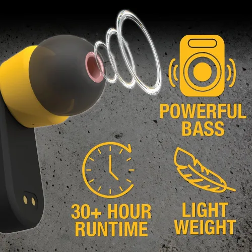 Vista 2 de DEWALT Auriculares inalámbricos con estuche de carga y funda protectora de alta resistencia, auriculares Bluetooth con batería de 30 horas, sensor