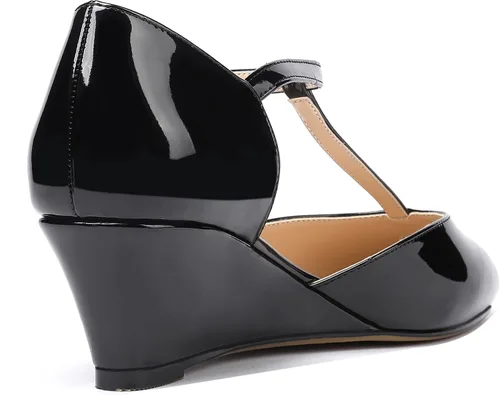 Vista 5 de MODENCOCO Zapatos de tacón bajo con cuña de patente de moda con hebilla de correa en T para mujer 2 pulgadas