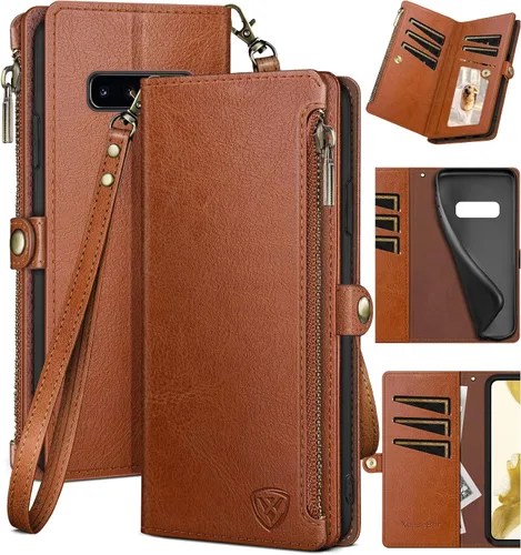 Vista 12 de XcaseBar Funda tipo cartera para Samsung Galaxy S10+/S10 Plus con cremallera y tarjetero de crédito con bloqueo RFID, funda de piel sintética