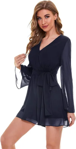 Vista 3 de SUGAR POISON Mono casual de manga larga para mujer, con dobladillo con volantes, cuello en V profundo