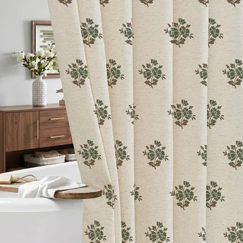 Vista 16 de ORTIGIA Cortinas de ducha negras para baño, juego de cortina de ducha moderna de lino con ganchos de metal, floral, impermeable, vintage, tela