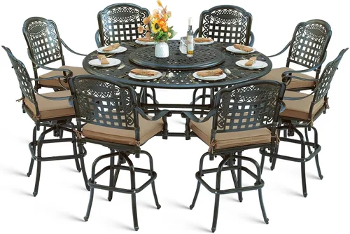 Vista 26 de Juego de barra para exteriores de 10 piezas, muebles de bar de aluminio fundido para todo tipo de clima con 8 taburetes de bar giratorios Bronce