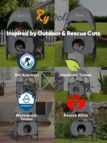 Vista 9 de Rywell Casa elevada para gatos al aire libre de 2 niveles con toldo, plataforma elevada de varios niveles, casa exterior para gatos con malla