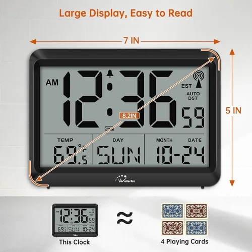 Vista 2 de WallarGe - Reloj de pared digital atómico, funciona con pilas, autoconfiguración, pantalla grande con temperatura, fecha, día de la semana, reloj