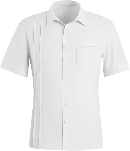 Vista 2 de Ryannology Guayabera - Camisas de lino de manga corta con botones para hombre, estilo casual, playa, campamento cubano, camisa mexicana para hombre