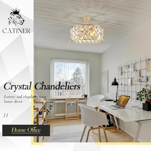 Vista 5 de CATINER - Candelabro de cristal dorado de 18 pulgadas, colgante semiempotrado de 6 luces grande dorado
