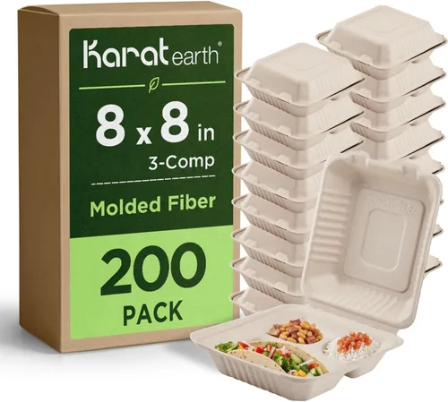 Vista 10 de KARAT EARTH Clamshell - Contenedores Take Out de comida para llevar [8"x8", 200 ct] - Contenedores compostables para llevar, bagazo biodegradable