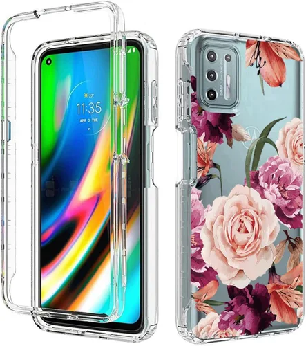 Vista 6 de Funda para Moto G9 Plus, Motorola G9+ XT2087-1 con protector de pantalla de vidrio templado, funda protectora de cuerpo completo con patrón floral