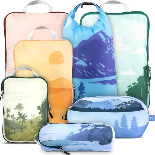 Vista 9 de TRIPPED Travel Gear Juego de 7 cubos de embalaje de compresión grandes para Negro