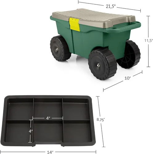 Vista 3 de Pure Garden - Carrito de jardín rodante con asiento, almacenamiento de plástico con banco y bandeja interior de herramientas, taburete de jardinería