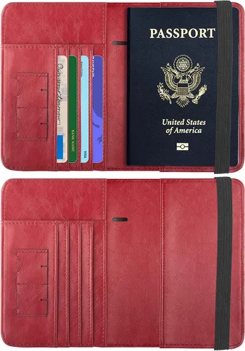 Vista 3 de Funda para pasaporte, cartera de viaje con bloqueo RFID de alta calidad, cuero vegano genuino, Rojo