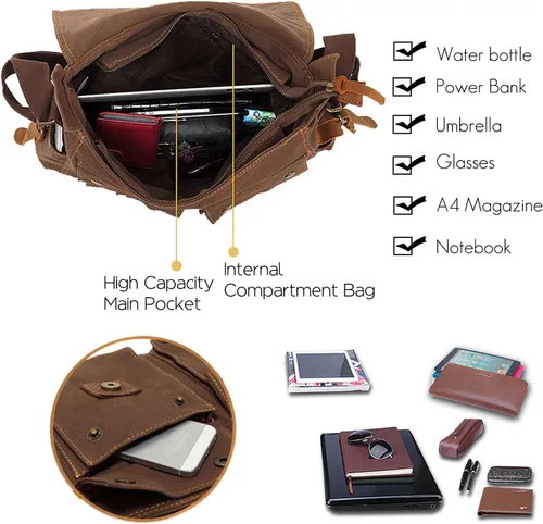 Vista 3 de Bolso de mensajero vintage de 14 pulgadas para laptop de hombre y mujer