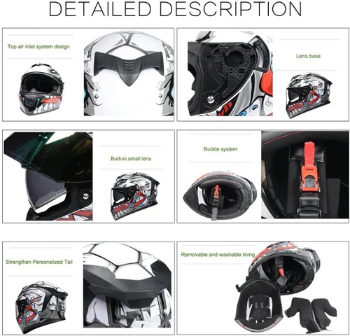 Vista 4 de Casco de motocicleta Bluetooth de cara completa abatible con micrófono, diseño de ala trasera aprobado por DOT, reducción de ruido con doble visera