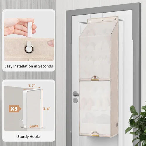 Vista 3 de STORAGE MANIAC Organizador de zapatos para colgar sobre la puerta con cortina, resistente al polvo, organizador de zapatos grande y profundo