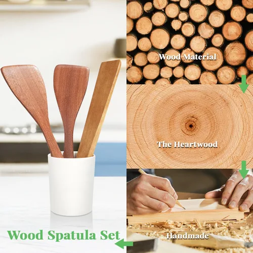 Vista 4 de 3 espátulas de madera, juego de espátulas planas de mango largo de 12 pulgadas para sartenes antiadherentes, cucharas de madera multiusos