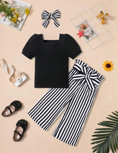 Vista 5 de DONWEN Conjunto de 3 piezas de ropa para niñas pequeñas y niñas con cuello cuadrado + pantalones elegantes + diadema para primavera y verano